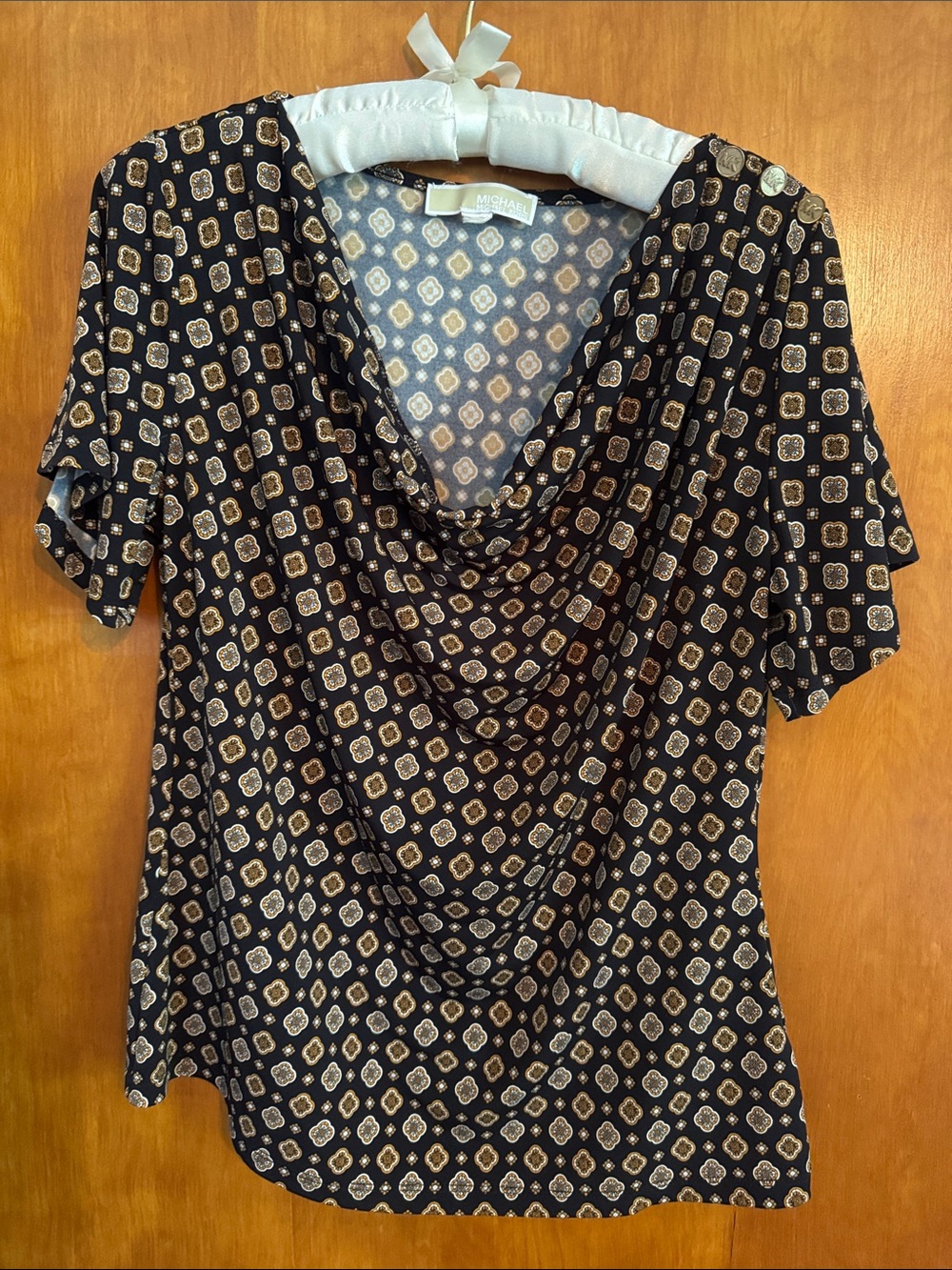 Michael Kors Black Top with Tan Geometric Print and Cowl Neck